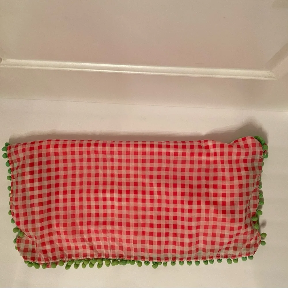 VINEYARD VINES SCARF PINK WHITE GINGHAM CHECK GREEN POM POMS LONG RECTANGLE WRAP